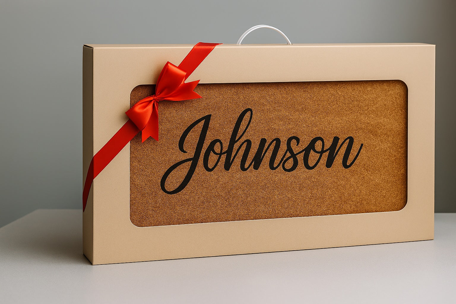 Gift box with a red ribbon and 'Johnson' on a gray background